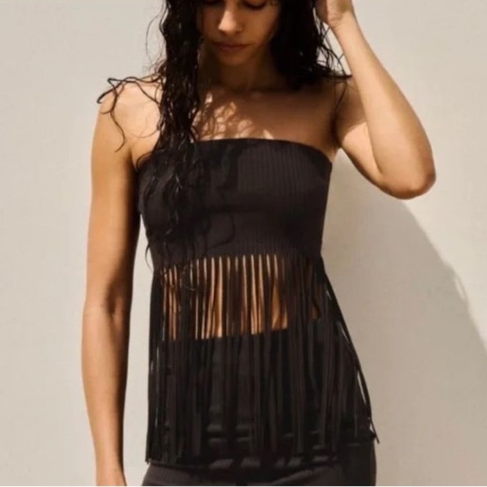 NWT Zara Brown Ribbed Fringe Tube Top